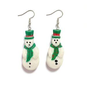 Snowman-Themed Dangle Earrings With Green & Red Accents